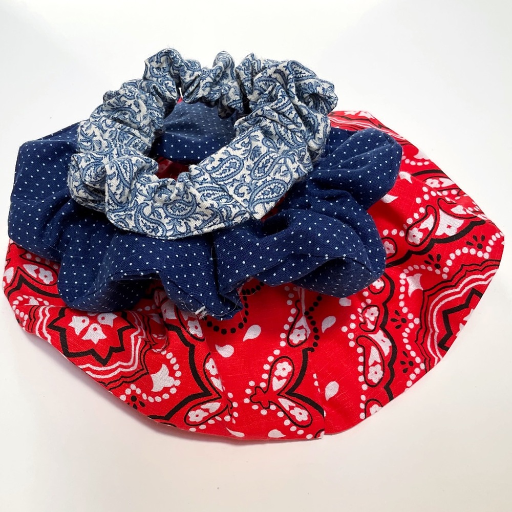 Bar-B-Que Scrunchie Set cherry red navy blue white/cream handmade